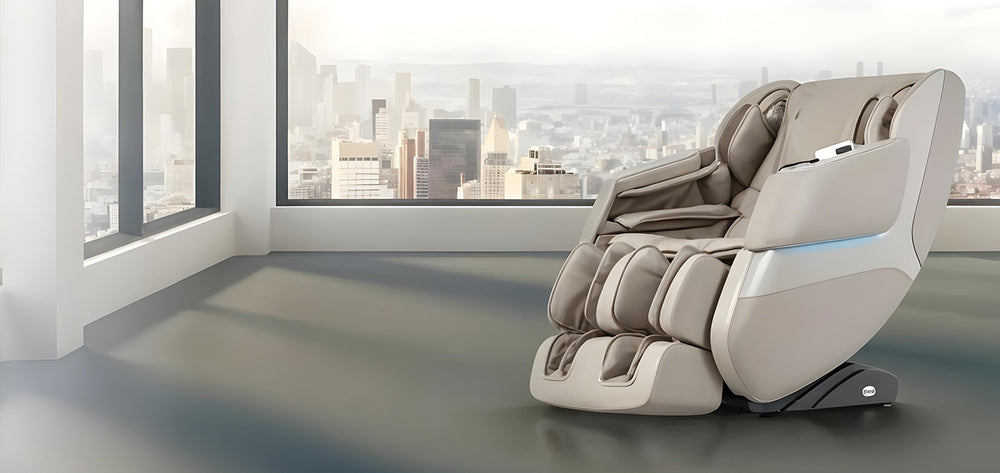 Titan TP-Ronin 4D Massage Chair in Beige Color shown in a modern high-rise room with city view from Wish Rock Relaxation