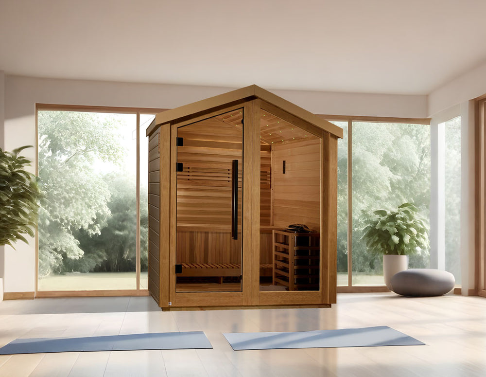 Golden Designs "Savonlinna" 3 Person Outdoor Traditional Sauna in Canadian red cedar placed in a serene sunroom from Wish Rock Relaxation