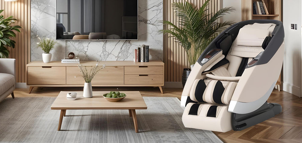 Human Touch Super Novo 2.0 Massage Chair in Cream in a beautiful room at Wish Rock Relaxation