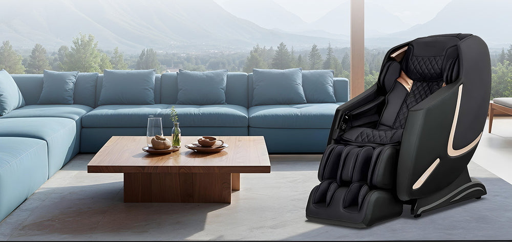 Titan Pro-Prestige 3D Massage Chair in black color placed in a modern living room – Wish Rock Relaxation lifestyle image