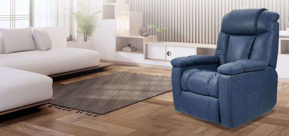 UltraCozy UC677 Large lift chair in blue displayed in a modern living room from Wish Rock Relaxation.