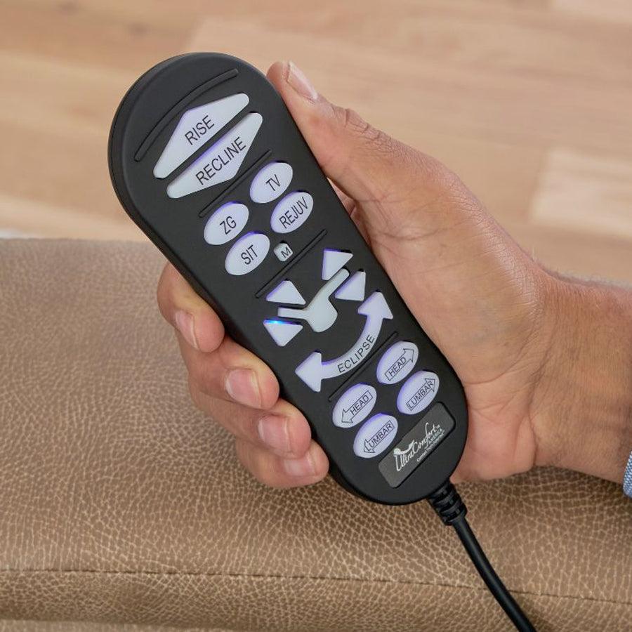 UltraComfort UC562 Artemis Eclipse 5 Zone Zero Gravity Power Lift Chair closeup of user friendly AutoDrive remote showing the eclipse positioning, power pillow, power lumbar and memory function.