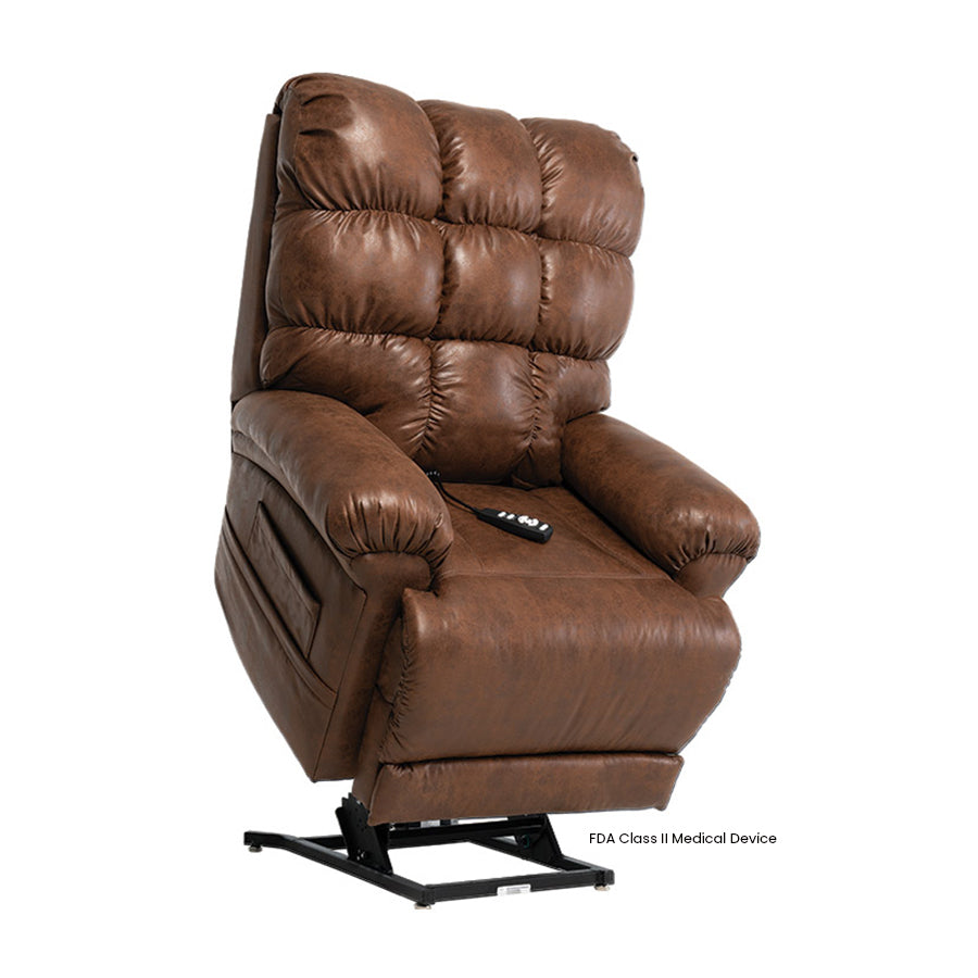 Mega Motion MM-1652 Watford Infinite Position Power Lift Chair in Cognac upholstery shown in the lifted position from Wish Rock Relaxation.