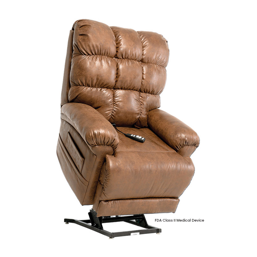 Mega Motion MM-1652 Watford Infinite Position Power Lift Chair in Honey upholstery shown in the lifted position