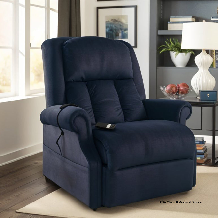 Ultimate Power Recliner Lunar HD NM-7001 3 Position Lift Chair in navy blue in a stylish living room with sofa and bookshelf from Wish Rock Relaxation.