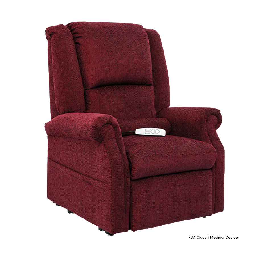 Mega Motion MM-201 iNFI ATTAIN Infinite Position Lift Chair in Merlot fabric with power recline and remote control from Wish Rock Relaxation.