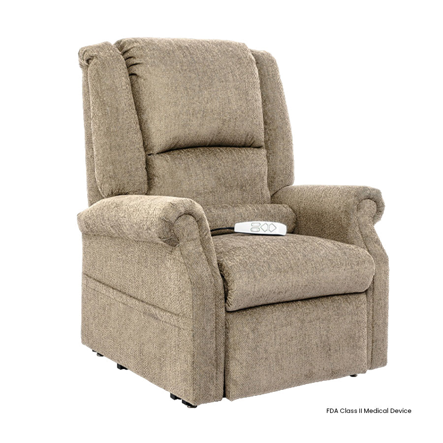 Mega Motion MM-201 iNFI ATTAIN Infinite Position Lift Chair in Wheat fabric with power recline and remote control from Wish Rock Relaxation.
