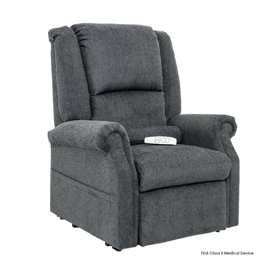 Mega Motion MM-201 iNFI ATTAIN Infinite Position Lift Chair in Shadow fabric with power recline and remote control from Wish Rock Relaxation.