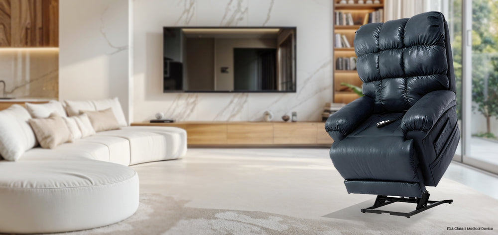 Mega Motion MM-1652 iNFI Poco Infinite Position Power Lift Chair in Navy upholstery; Lifestyle image set in a tidy, inviting room from Wish Rock Relaxation
