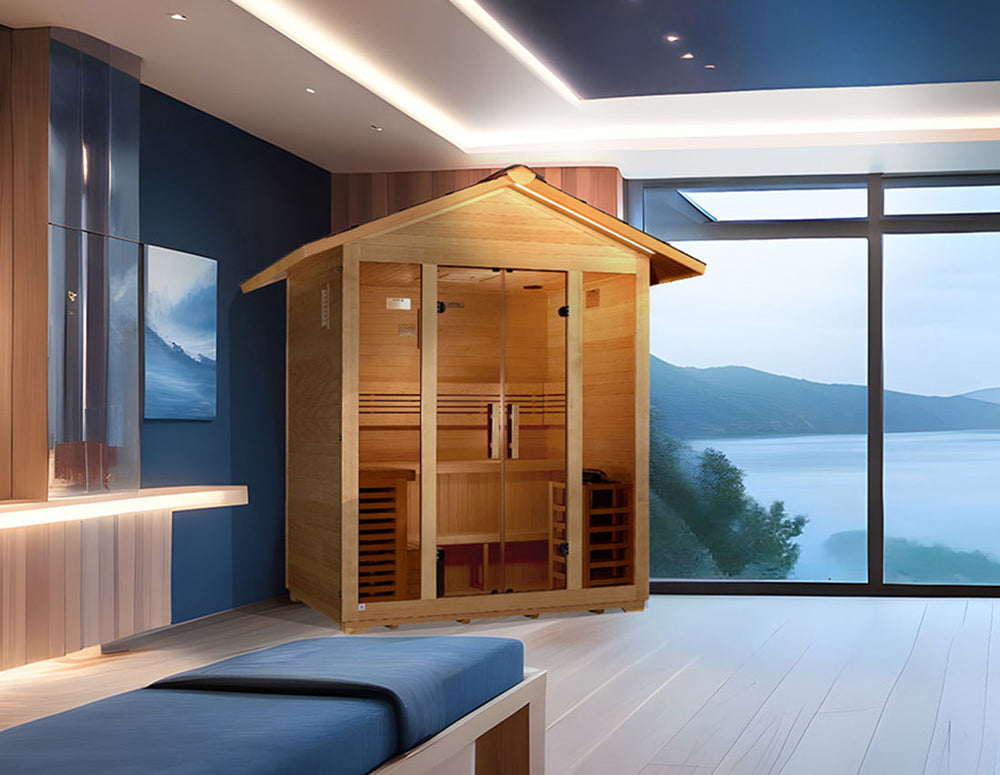 Golden Designs "Vorarlberg" 5 Person Traditional Outdoor Sauna in Canadian hemlock placed in a modern spa room with panoramic lake views from Wish Rock Relaxation