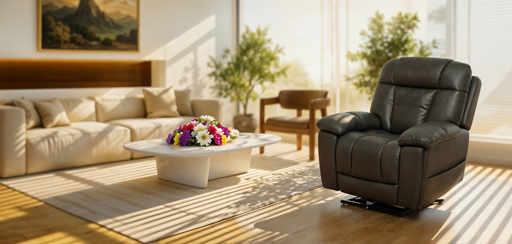 Mega Motion MM-8945 iNFI IMMERSE Infinite Position Lift Chair in smoke in a sunlit modern living room from Wish Rock Relaxation.