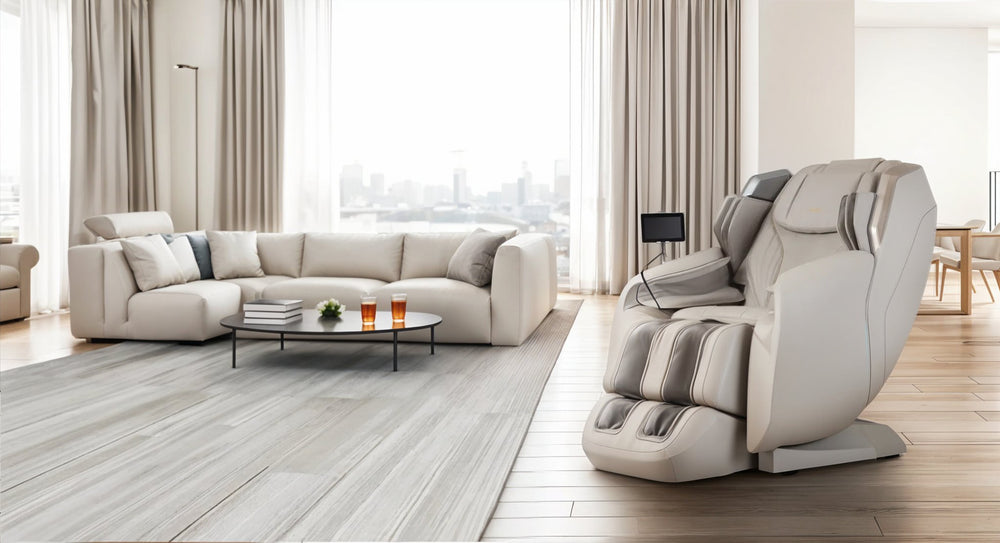 Osaki Atlas XL 4D Massage Chair in beige shown in a bright, modern living room with city views from Wish Rock Relaxation