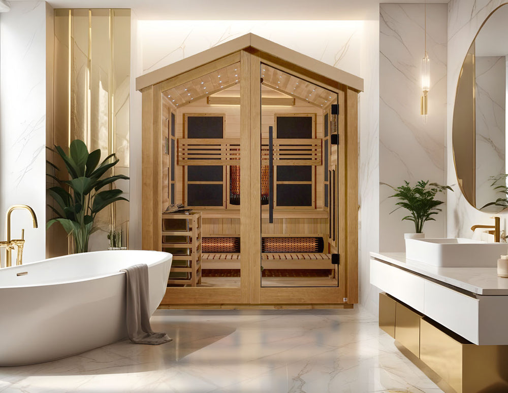 Golden Designs "Loviisa" 3 Person Hybrid Outdoor Sauna in Canadian Red Cedar shown in a luxurious marble bathroom from Wish Rock Relaxation