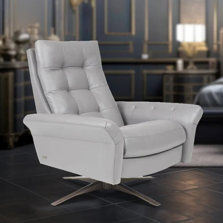American Leather Comfort Air Pileus Echo Recliner in white leather, placed in an elegant bedroom with tufted headboard and dark paneled walls from Wish Rock Relaxation 