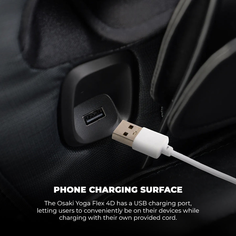 Osaki YogaFlex 4D Massage Chair USB phone charging port built into armrest from Wish Rock Relaxation.