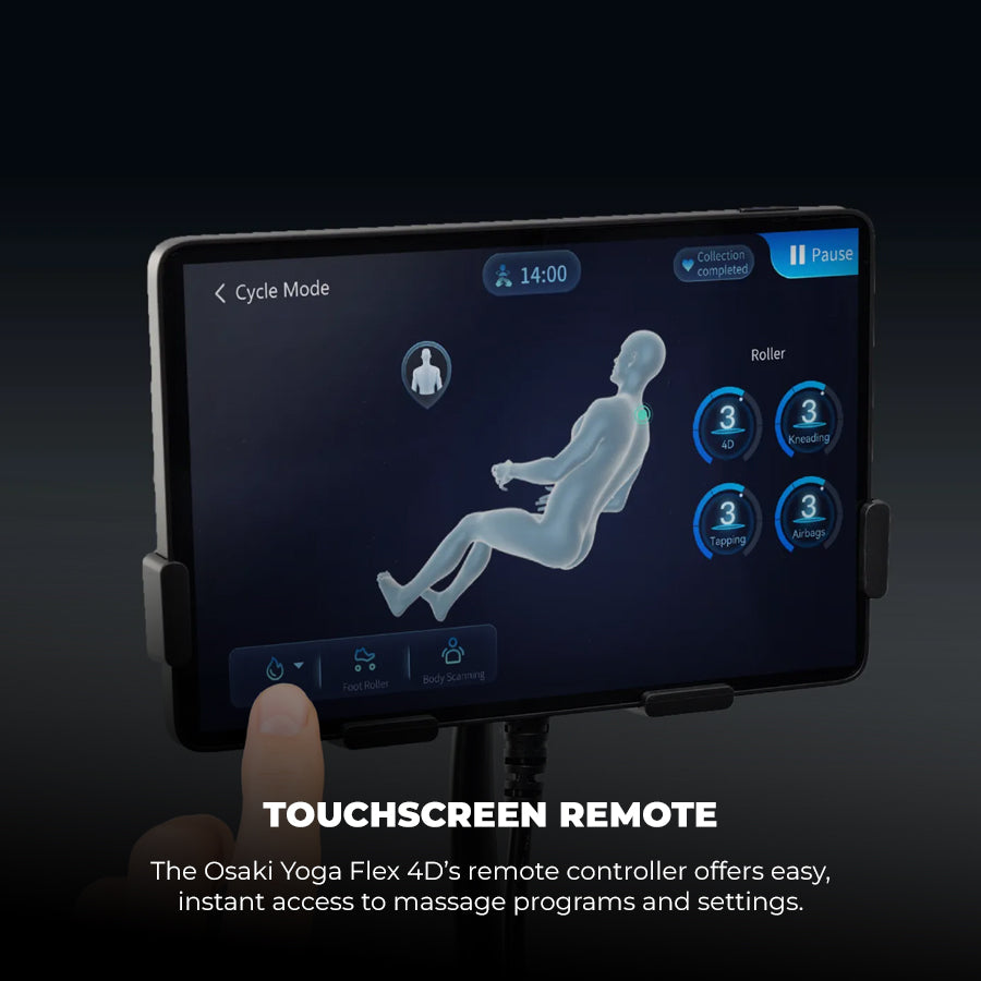 Osaki YogaFlex 4D Massage Chair touchscreen tablet remote control with massage programs and settings from Wish Rock Relaxation.