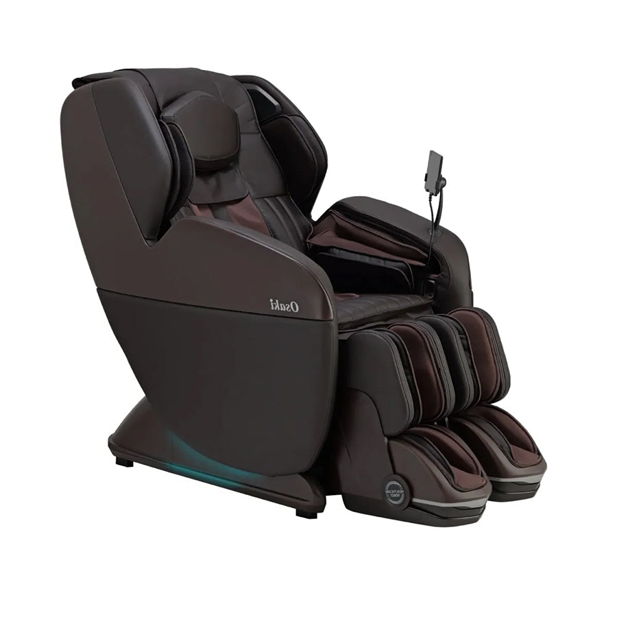 Osaki YogaFlex 4D Massage Chair in brown with quilted padding and side-mounted remote from Wish Rock Relaxation.