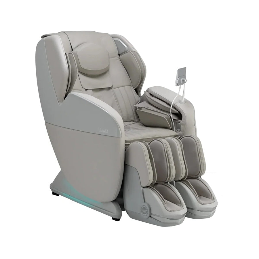 Osaki YogaFlex 4D Massage Chair in taupe with quilted padding and side-mounted remote from Wish Rock Relaxation.