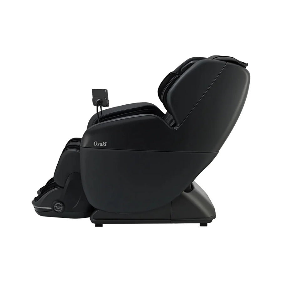 Osaki YogaFlex 4D Massage Chair sleek side profile in black finish with attached remote holder from Wish Rock Relaxation.