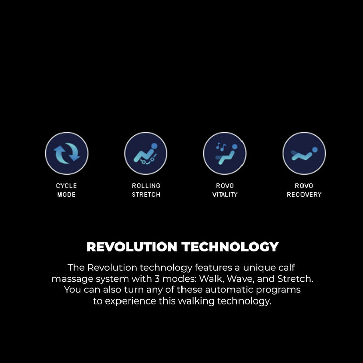 Osaki 4D YogaFlex Massage Chair Revolution Technology display showing cycle, stretch, vitality, and recovery walking massage modes from Wish Rock Relaxation.