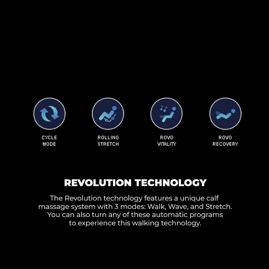 Osaki 4D YogaFlex Massage Chair Revolution Technology display showing cycle, stretch, vitality, and recovery walking massage modes from Wish Rock Relaxation.