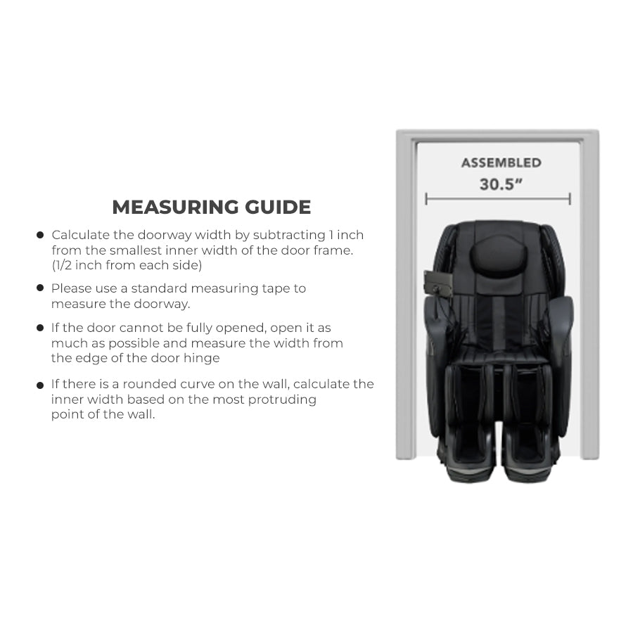 Osaki YogaFlex 4D Massage Chair measuring guide for doorway clearance with 30.5-inch assembled width from Wish Rock Relaxation.