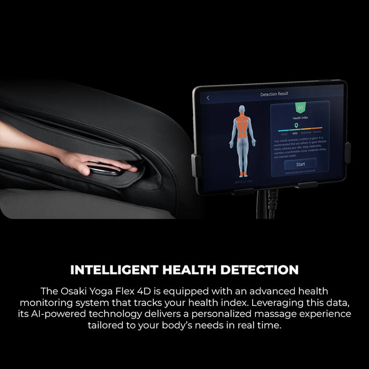 Osaki YogaFlex 4D Massage Chair AI-powered intelligent health detection system with touchscreen health index display from Wish Rock Relaxation.