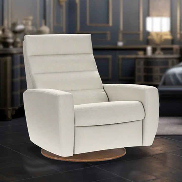 American Leather Comfort Air Lanier Echo Recliner in ivory fabric, styled in an opulent bedroom with tufted bed and dark paneled walls from Wish Rock Relaxation