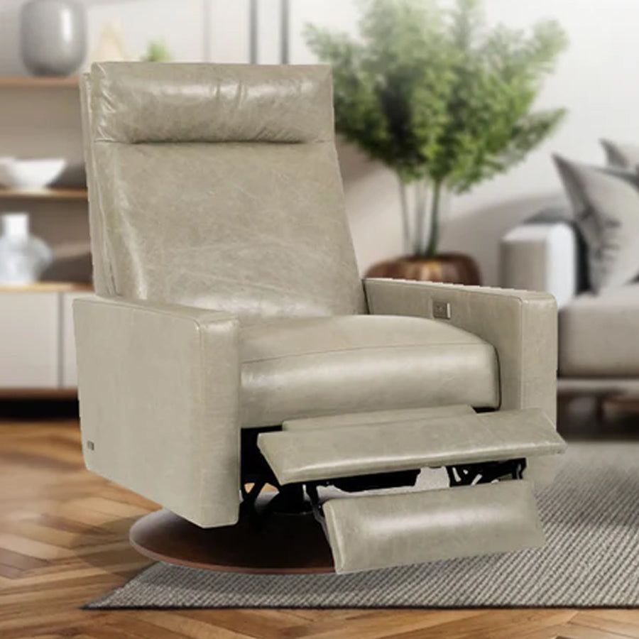 American Leather Cumulus Comfort Air Zero Gravity Recliner in taupe leather with extended footrest, placed in a cozy modern living room with neutral tones, wooden flooring, and soft natural light from Wish Rock Relaxation