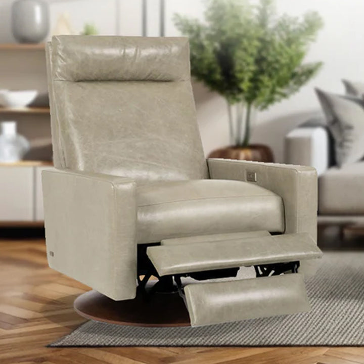 American Leather Cumulus Comfort Air Zero Gravity Recliner in taupe leather with extended footrest, placed in a cozy modern living room with neutral tones, wooden flooring, and soft natural light from Wish Rock Relaxation