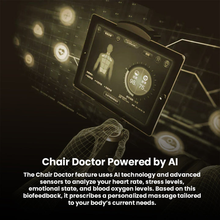 JPMedics KaZe Duo Massage Chair showing AI-powered body scan and health data on the touch-screen tablet.