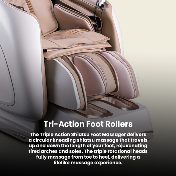 JPMedics KaZe Duo Massage Chair close-up of plush leg and foot massage unit with triple action shiatsu foot massage in champagne finish.