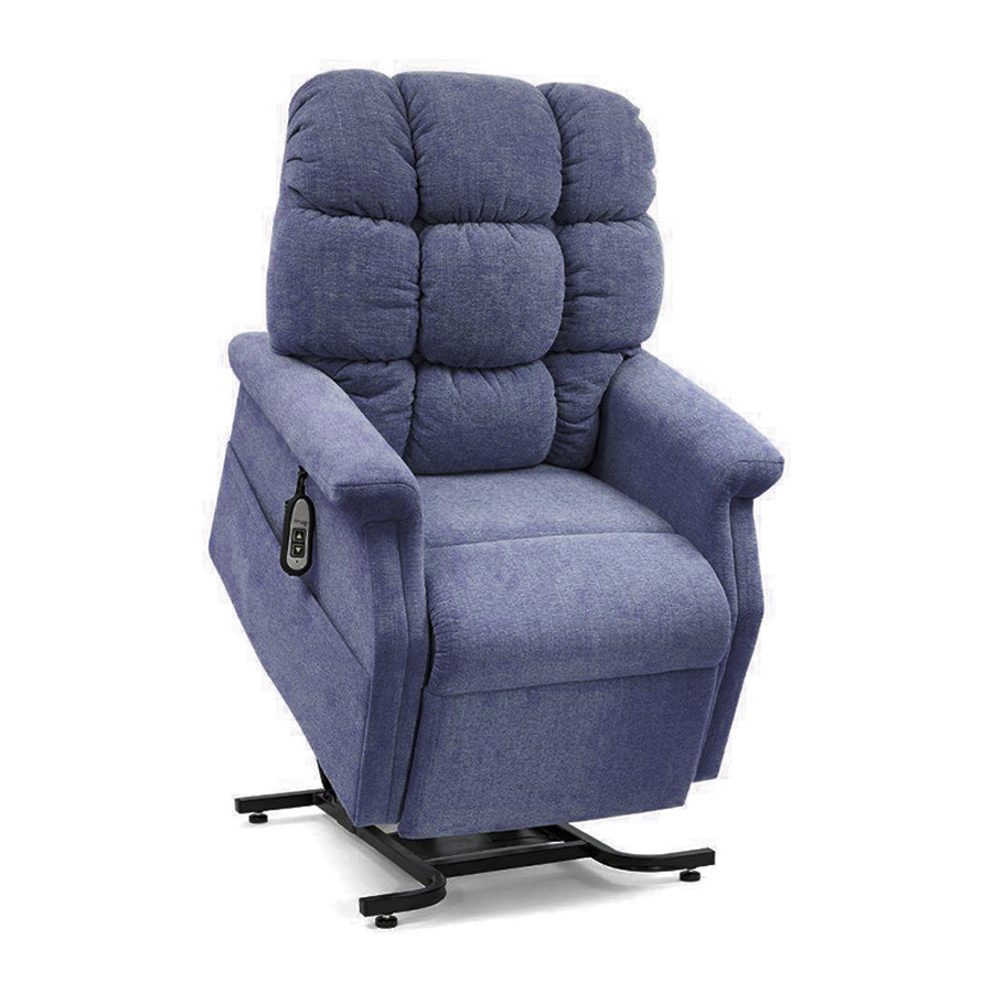 UltraComfort UC480 Aurora Small 1 Zone 3-Position Lift Chair (400lbs) in Oxford Blue shown in lift position with two-button remote for easy stand-assist