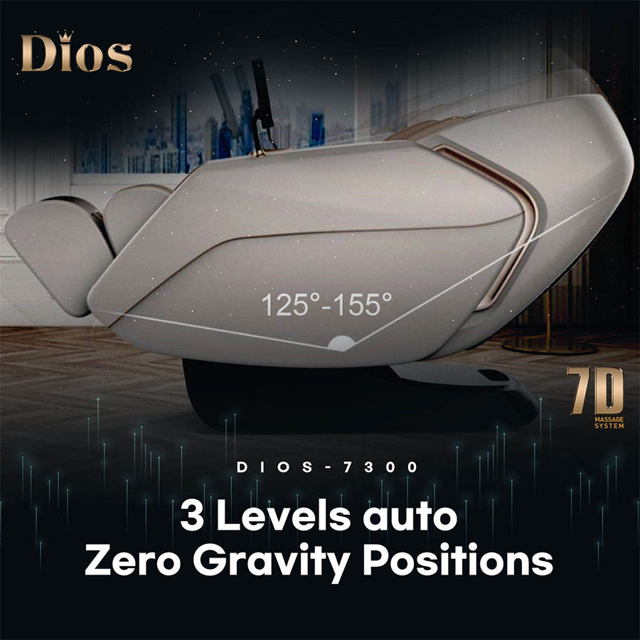 Kahuna Dios-7300 7D Massage Chair showcasing the 3 level Zero Gravity positions which helps alleviate the pressure from the spine and also helps with blood circulation.