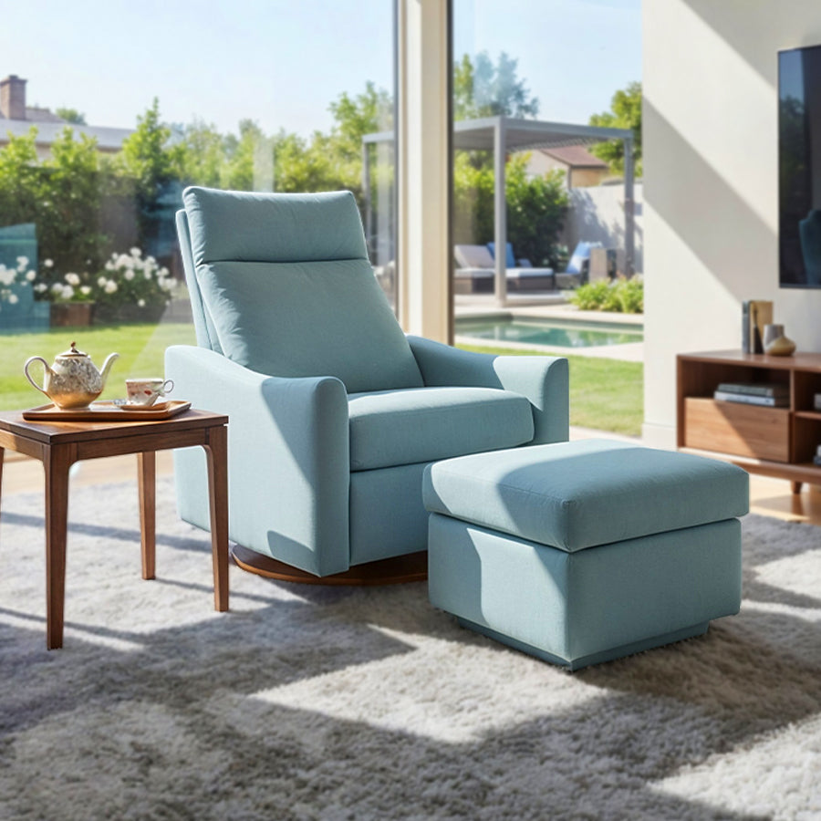 American Leather Ontario Comfort Air in light blue with matching ottoman in sunlit living room from Wish Rock Relaxation