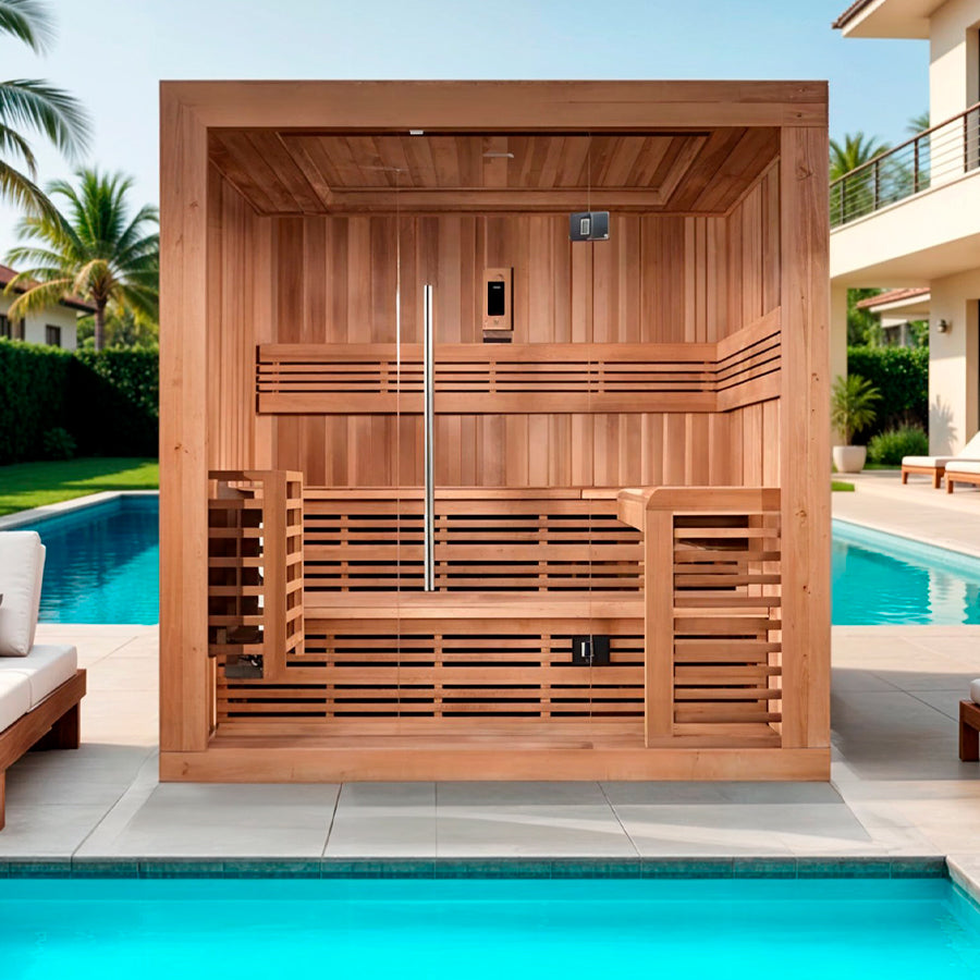 Golden Designs "Osla Edition" 6 Person Traditional Sauna - Canadian Red Cedar shown poolside in a modern outdoor setting, featuring spacious seating, tempered glass door, and elegant wood craftsmanship from Wish Rock Relaxation.