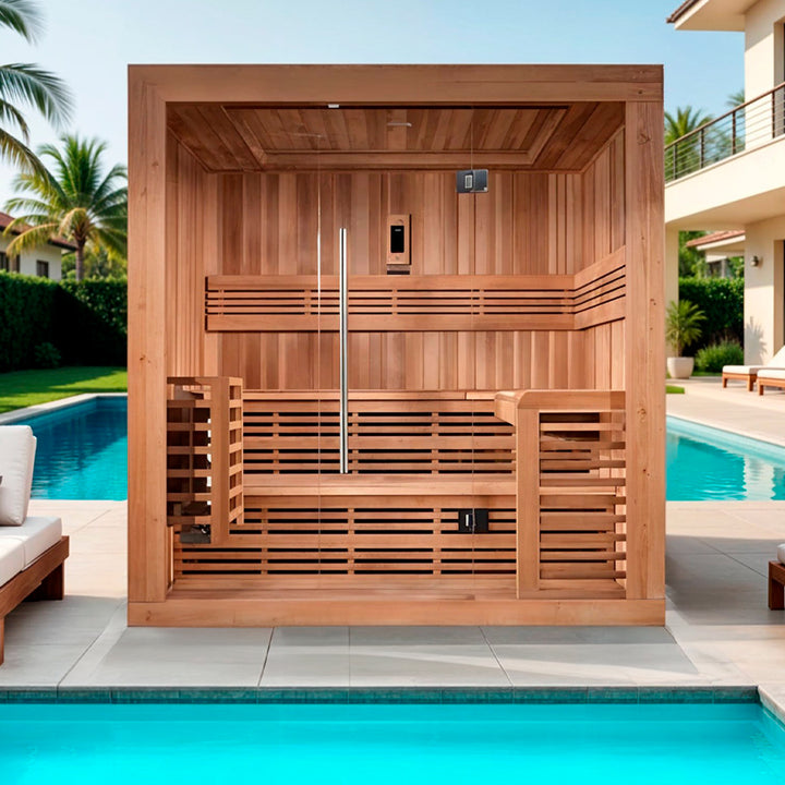 Golden Designs "Osla Edition" 6 Person Traditional Sauna - Canadian Red Cedar shown poolside in a modern outdoor setting, featuring spacious seating, tempered glass door, and elegant wood craftsmanship from Wish Rock Relaxation.