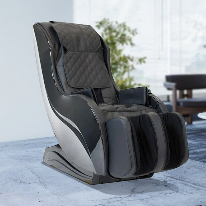Kahuna HM-5020 Massage Chair in black with silver accents, showcased in a stylish modern living room from Wish Rock Relaxation