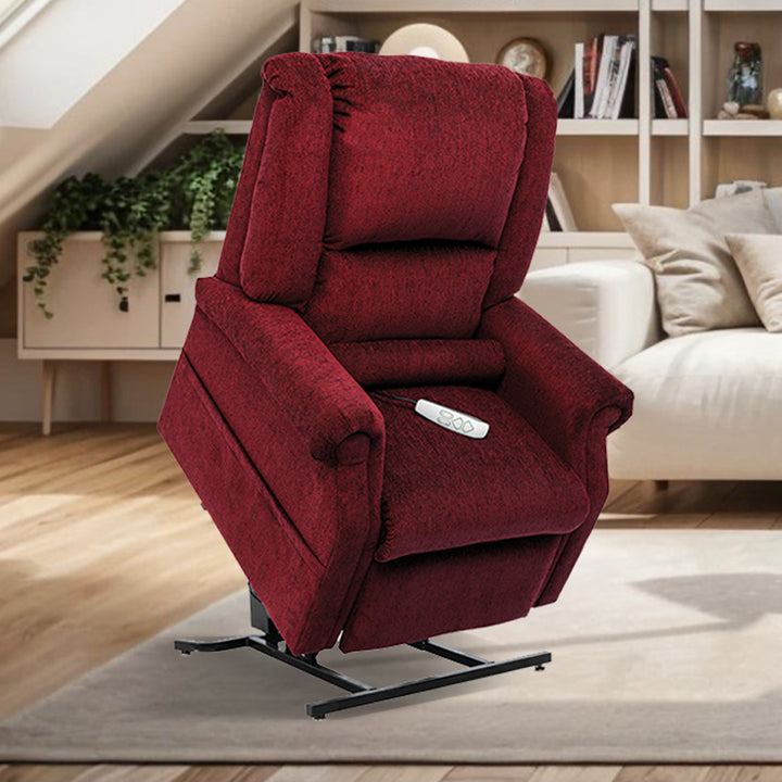 Mega Motion MM-201 iNFI ATTAIN Infinite Position Lift Chair in red fabric in modern living room from Wish Rock Relaxation.