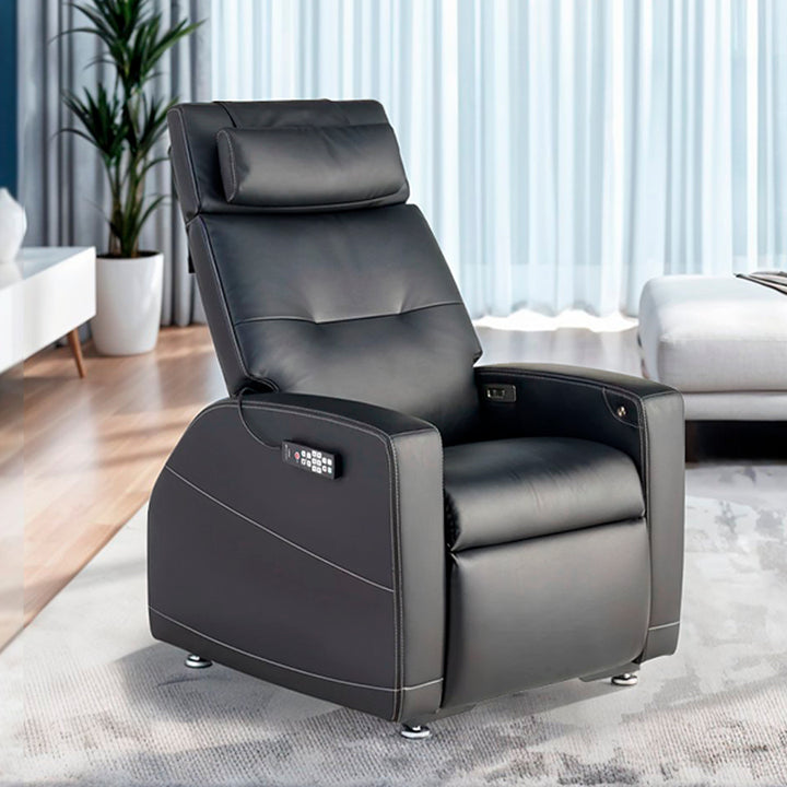 Laevo ZG Chair with Lift Assist in black leather shown in a modern living room setting, featuring ergonomic zero gravity design, powered recline, and lift assist functionality from Wish Rock Relaxation.