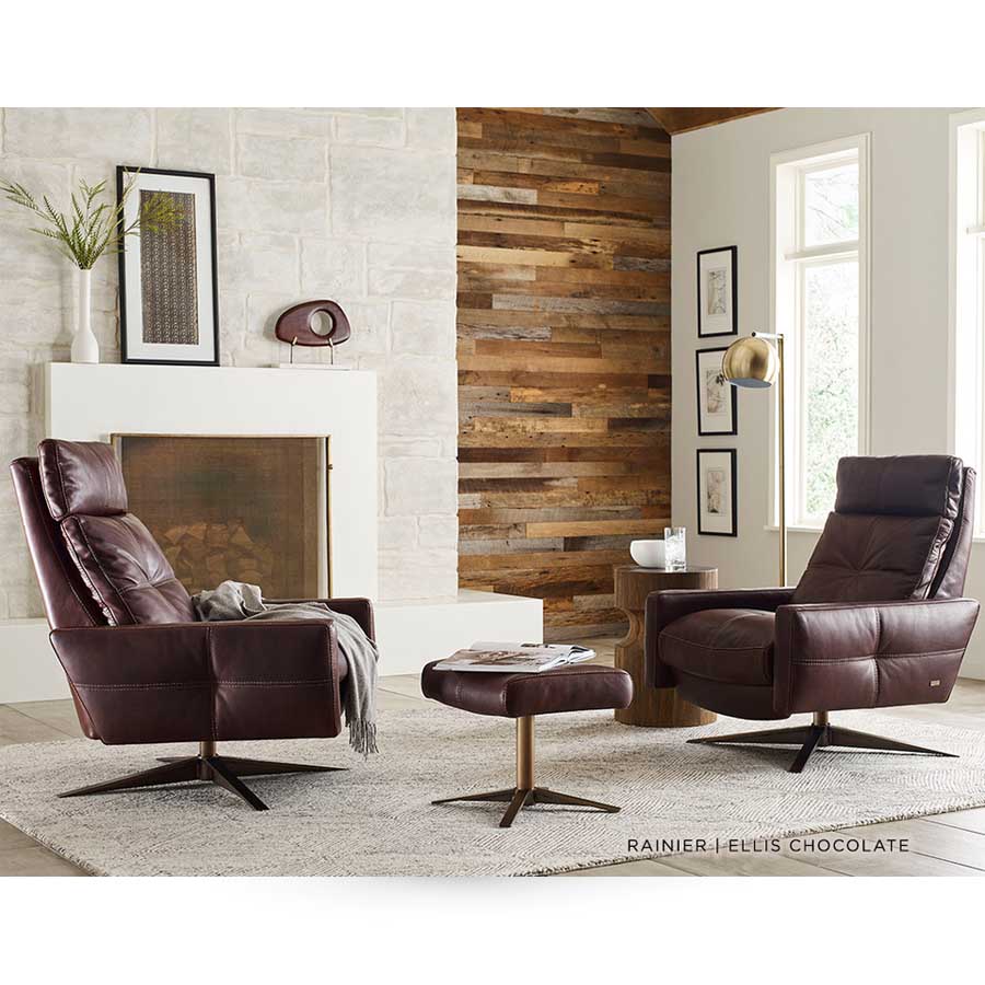 American Leather Rainier Comfort Air Zero Gravity Chair in Ellis Chocolate in room from Wish Rock Relaxation