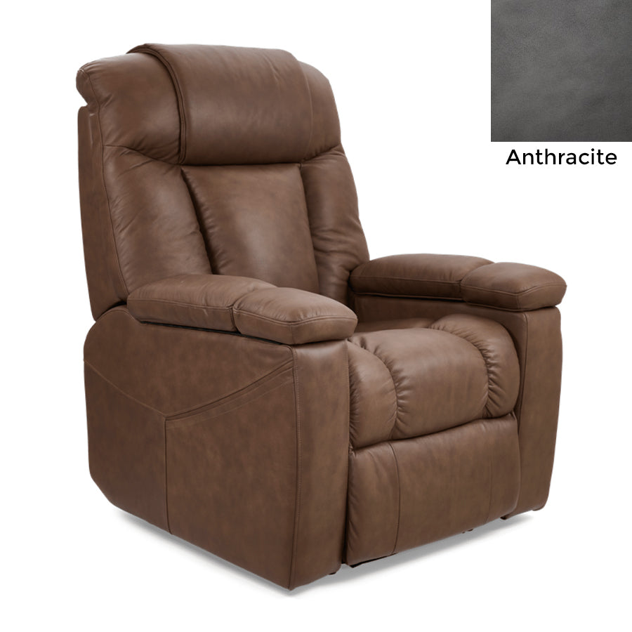 UltraCozy UC677 by UltraComfort™ Medium 5-Zone Power Recliner in Umber color with a swatch of Top Grain Leather Anthracite in upper right corner
