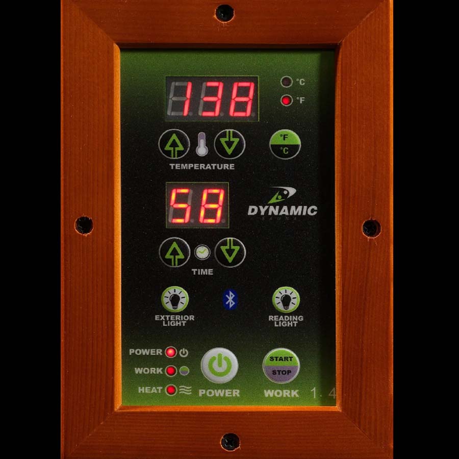 Dynamic Bergamo 4-Person Low EMF FAR Infrared Sauna - Canadian Hemlock - Control Panel