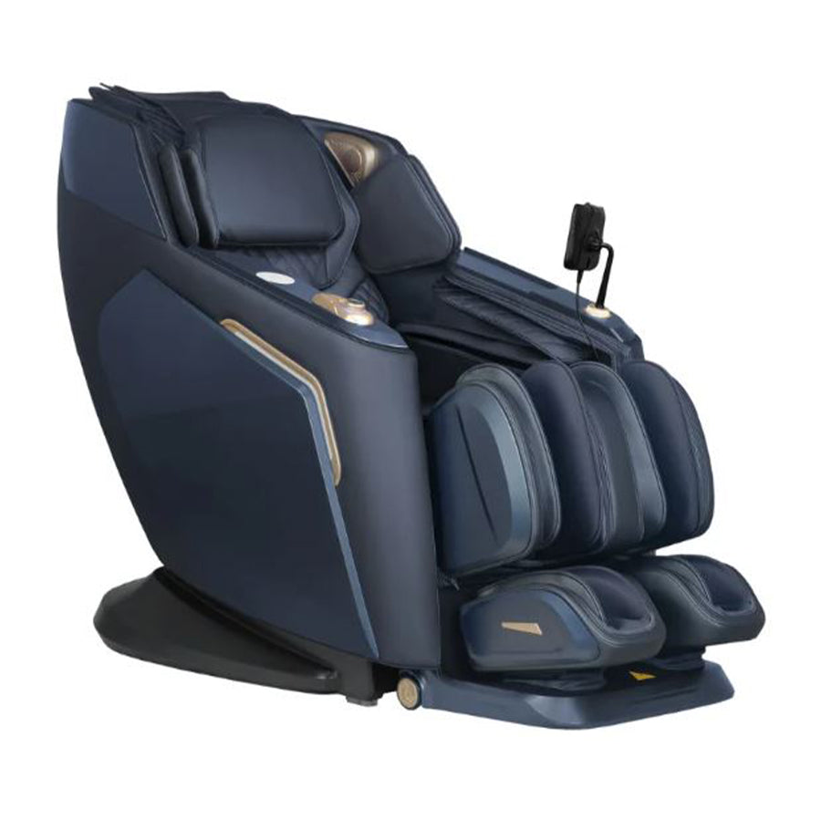 Three-quarter angle view of the Daiwa Rumba massage chair in navy blue upholstery with gold trim accents on a white background.