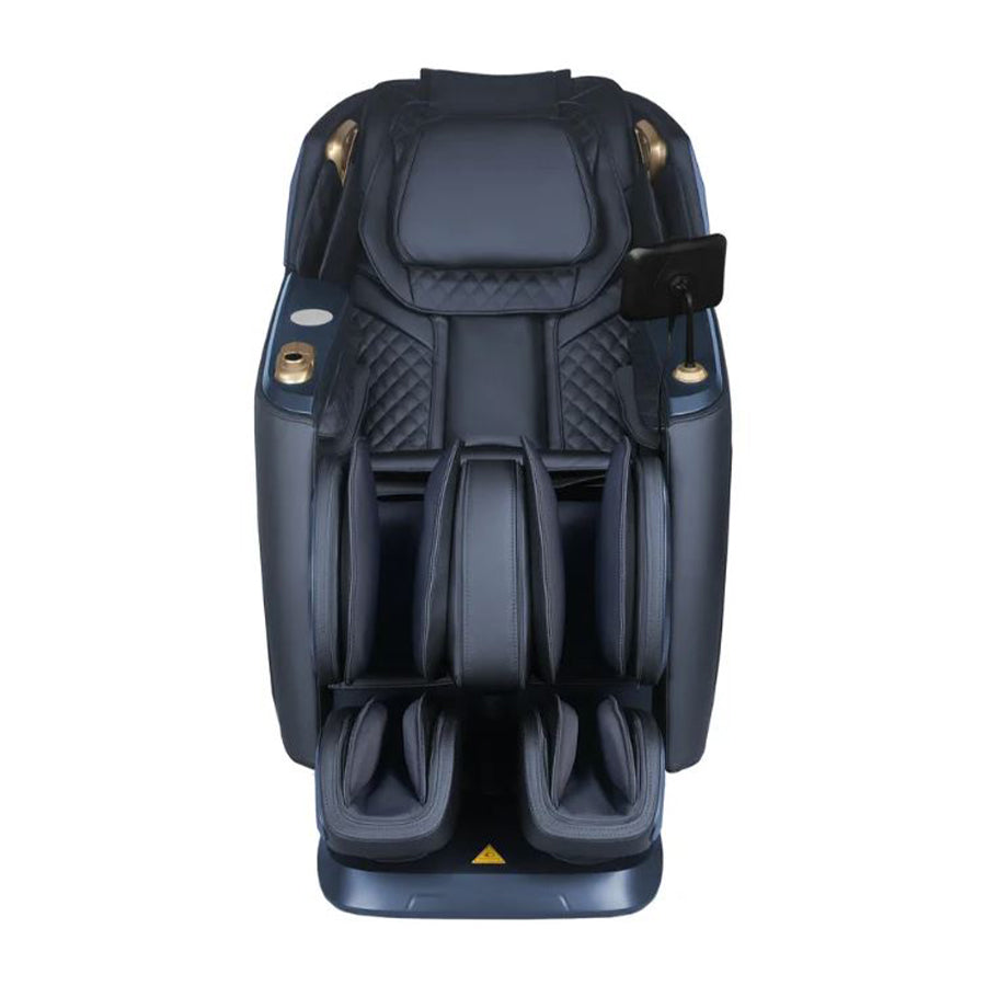 Front view of the Daiwa Rumba massage chair in navy blue upholstery, showing the headrest, armrests, and calf massagers. 