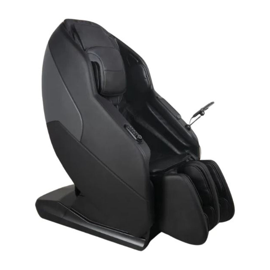 Three-quarter angle view of the Daiwa iLift massage chair in Lift position with remote control visible.