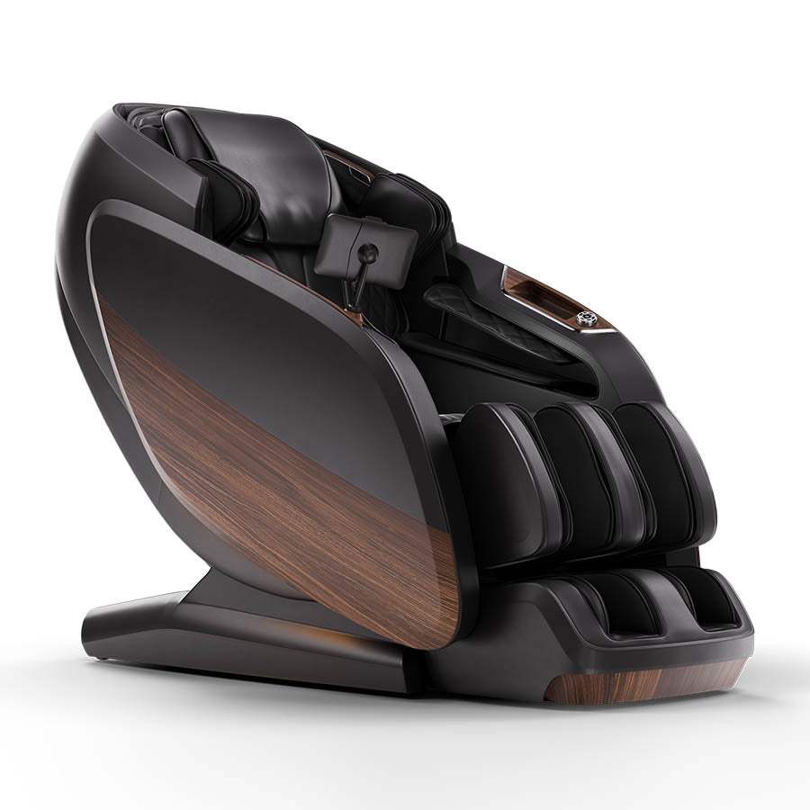 Positive Posture DualTech Pro AI 4D Dual Mechanism massage chair in charcoal with extended footrest and touchscreen controller.