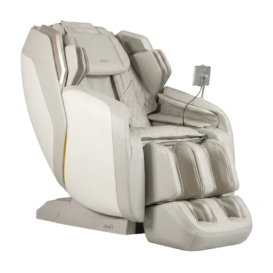 Osaki Duke XL 4D Massage Chair in beige angled front view showing full body air compression and foot rollers.