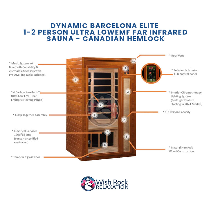 Dynamic Barcelona Elite 1-2 Person Ultra Low EMF FAR Infrared Sauna - Canadian Hemlock detailed feature infographic from Wish Rock Relaxation