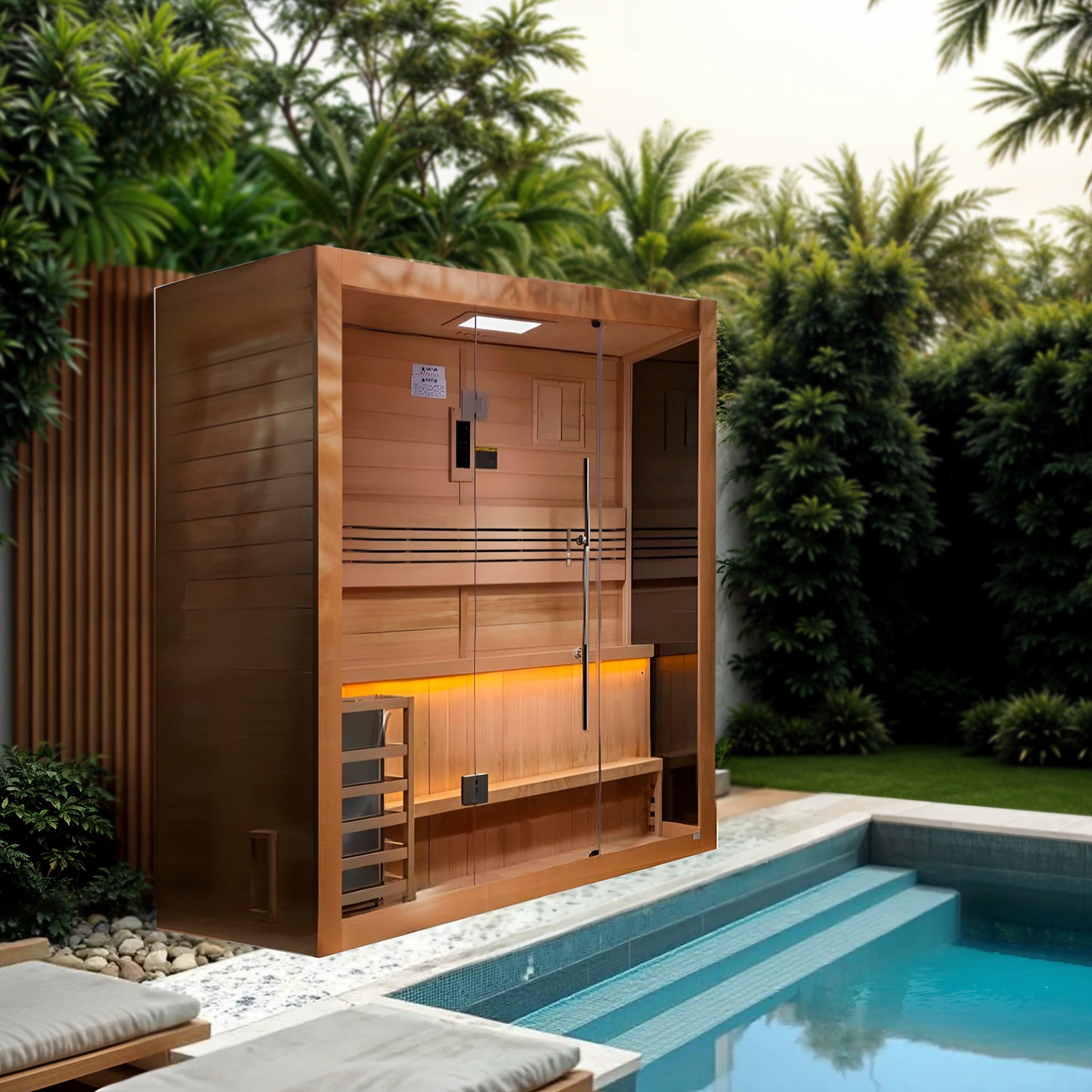 shown in a modern outdoor setting beside a pool, featuring premium wood construction, tempered glass door, and interior lighting from Wish Rock Relaxation.